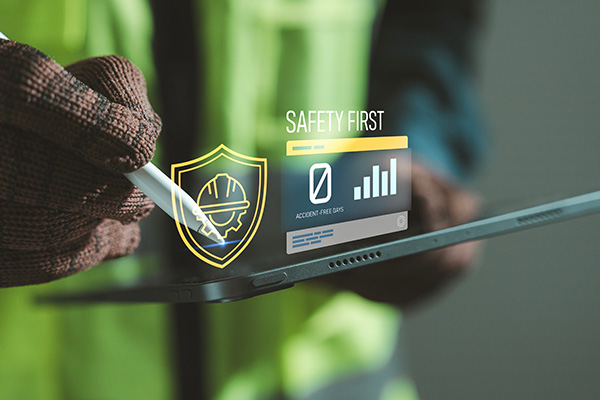 person wearing gloves interacting with a tablet displaying safety information and a shield icon emphasizing safety first and accident free days with a focus on construction safety solutions 2