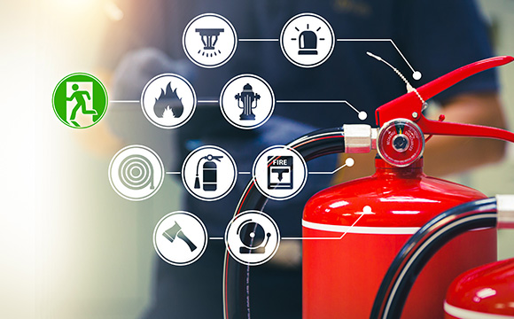 fire safety equipment with icons representing fire extinguishers safety measures evacuation procedures and emergency alerts related to fire safety tips for 12 essential practices