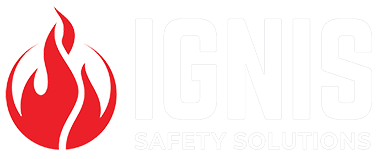 IGNIS Safety Solutions logo featuring a stylized red flame design with the word IGNIS in bold lettering indicating fire safety expertise for 12 critical safety measures.