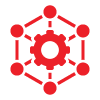 graphic representation of a red network structure with interconnected nodes and a central gear symbolizing system architecture for 4 key elements of design