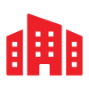 red building icon representing urban architecture and modern city designs including three key features