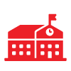 red school building with clock on top representing school number 6 and education