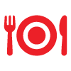 red plate and cutlery icon representing meal time with a focus on culinary delights suitable for 13 different cuisines