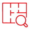 red blueprint graphic with magnifying glass exploring layout options for four project areas