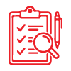 red checklist on clipboard with pen and magnifying glass representing 3 important tasks or goals