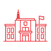 building illustration with a flag representing twelve main features of architecture